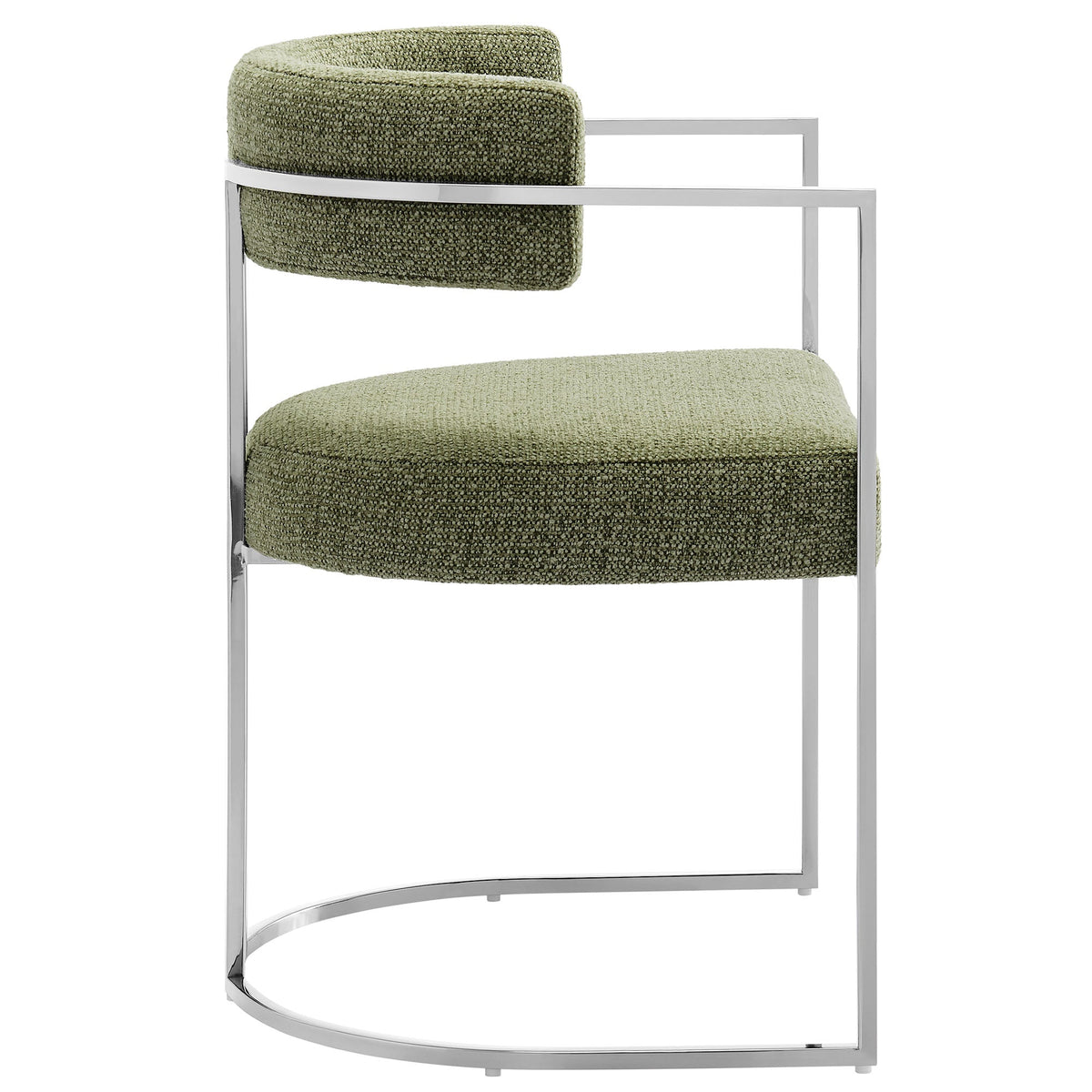 Huron curved-back dining chair in green boucle fabric with chrome frame on Tampa Home & Garden Store