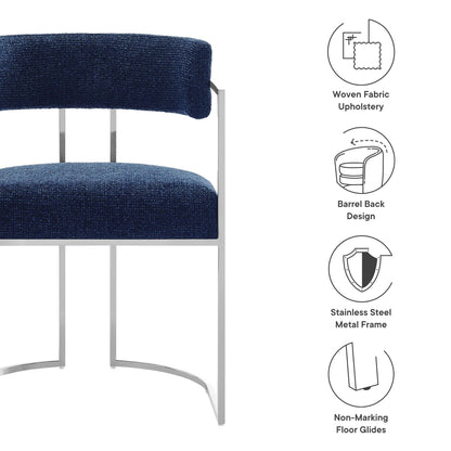 Huron curved back dining chair in navy woven fabric with a stainless steel frame on Tampa Home & Garden Store