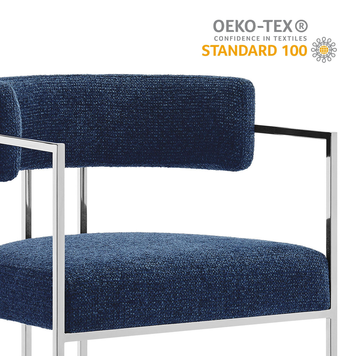 Huron Curved Back Fabric and Metal Dining Accent Chair pair, navy blue velvet, chrome frame on Tampa Home & Garden Store