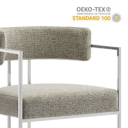 Huron curved back fabric and metal accent chair beige boucle upholstery with chrome frame on Tampa Home & Garden Store