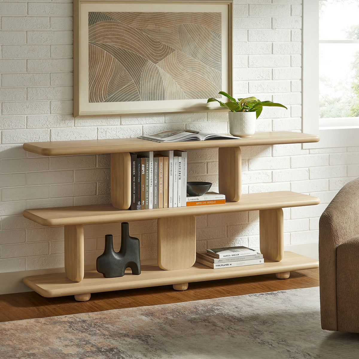 Lyle Sculptural 2-Tier Bookshelf natural wood finish with curved supports on Tampa Home & Garden Store