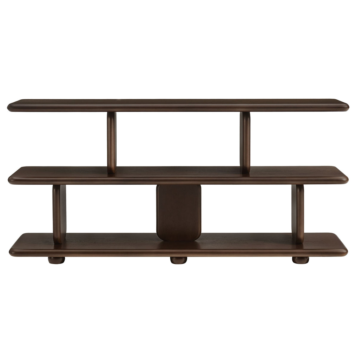 Lyle Sculptural 2-Tier Bookshelf in bronze finish with rounded edges and slim metal legs on Tampa Home & Garden Store