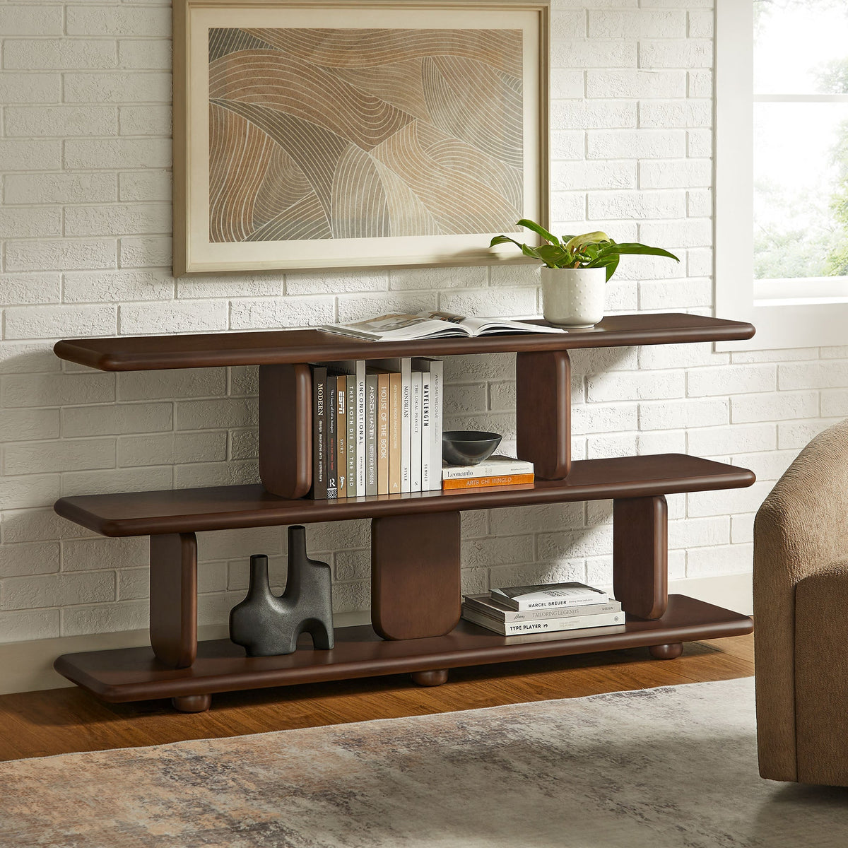 Lyle Sculptural 2-Tier Bookshelf by Modway in dark wood finish for living room furniture on Tampa Home & Garden Store