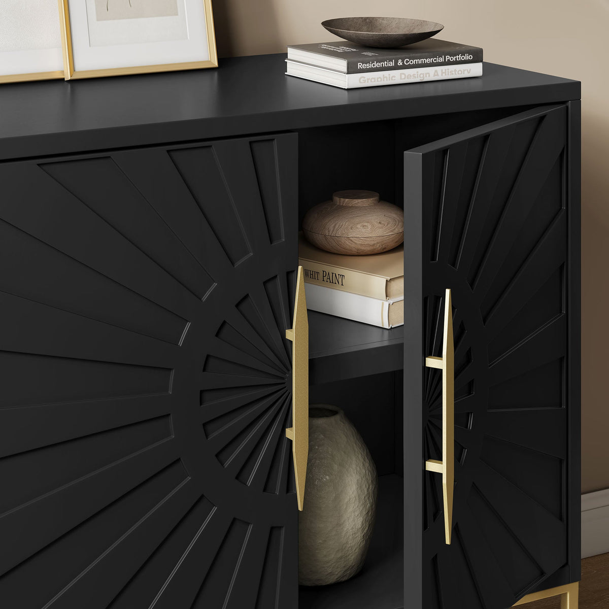 Awaken Accent Cabinet by Modway, black paneled storage with gold hardware, bowl decor on Tampa Home & Garden Store