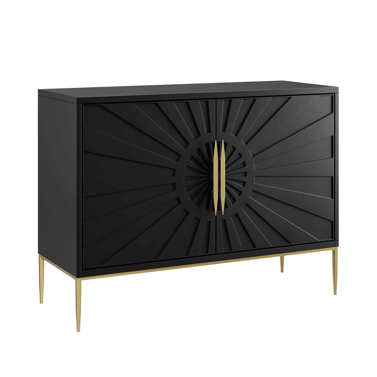Awaken Accent Cabinet, black decor cabinet with sunburst door and gold legs on Tampa Home & Garden Store
