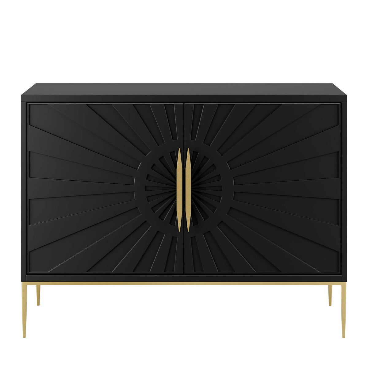 Awaken Accent Cabinet black with sunburst panel and gold metal legs on Tampa Home & Garden Store