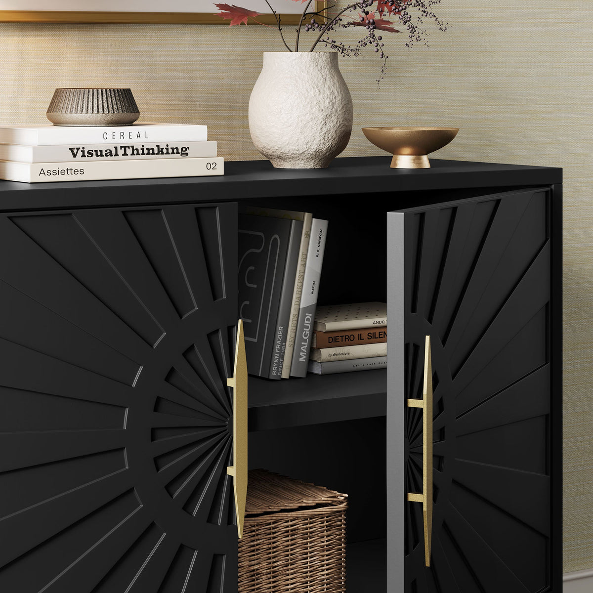 Awaken Accent Cabinet by HouseOfZazla, black textured cabinet with white vase and gold bowl on Tampa Home & Garden Store