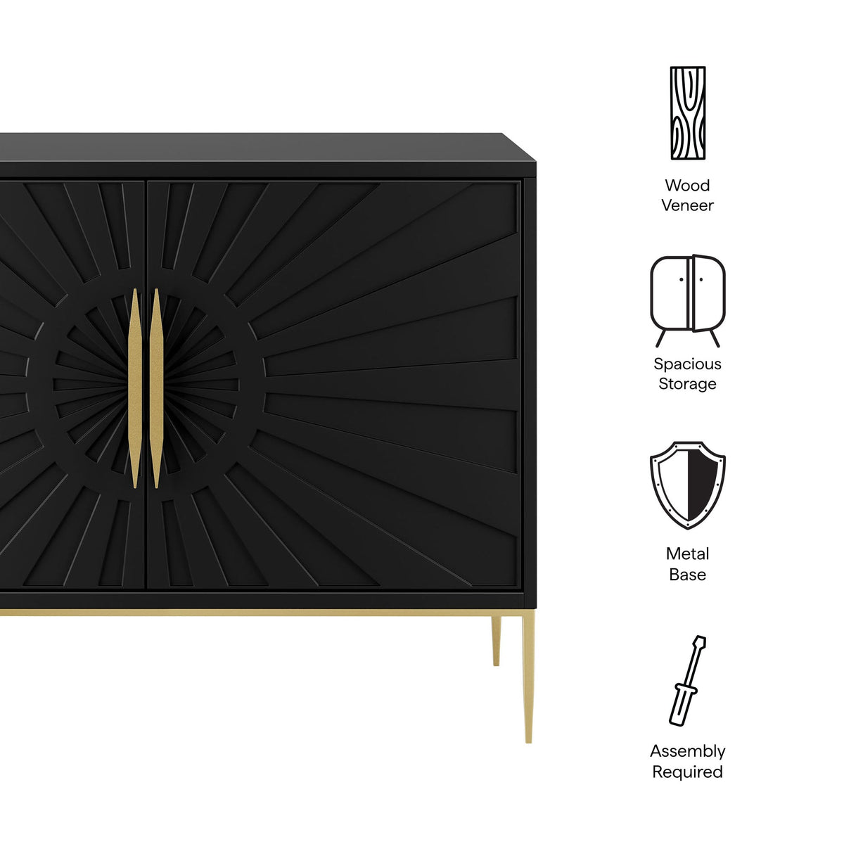 Awaken Accent Cabinet Modway, black wood veneer with sunburst front and gold legs on Tampa Home & Garden Store