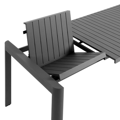 Tahoe outdoor aluminum extendable dining table with gray slatted surface and matching chair on Tampa Home & Garden Store