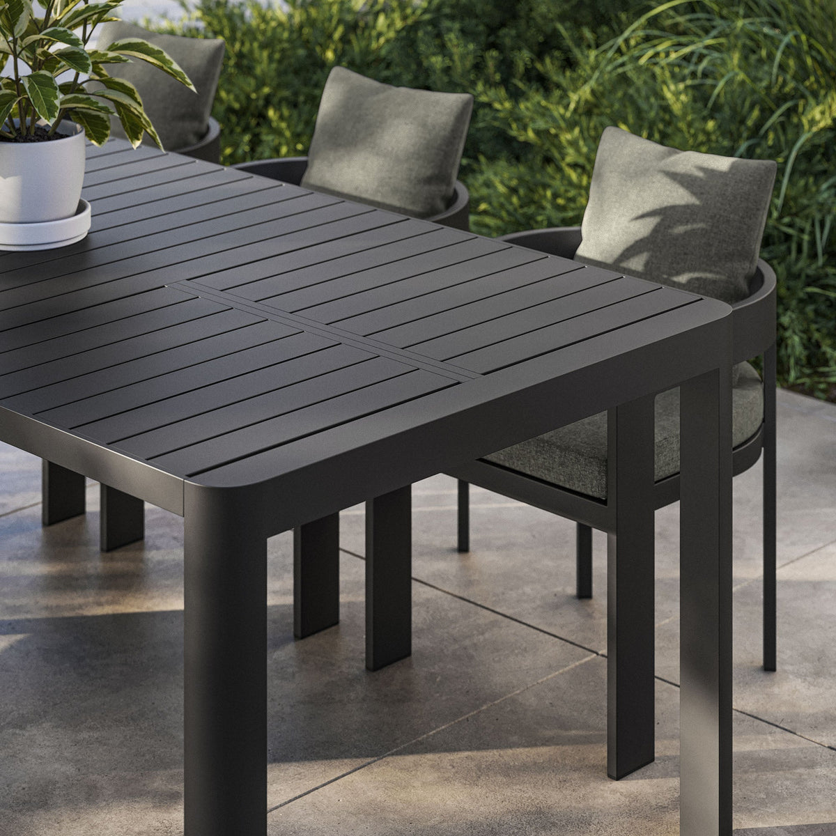 Tahoe outdoor aluminum extendable dining table by Modway with slatted top and matching chairs on Tampa Home & Garden Store