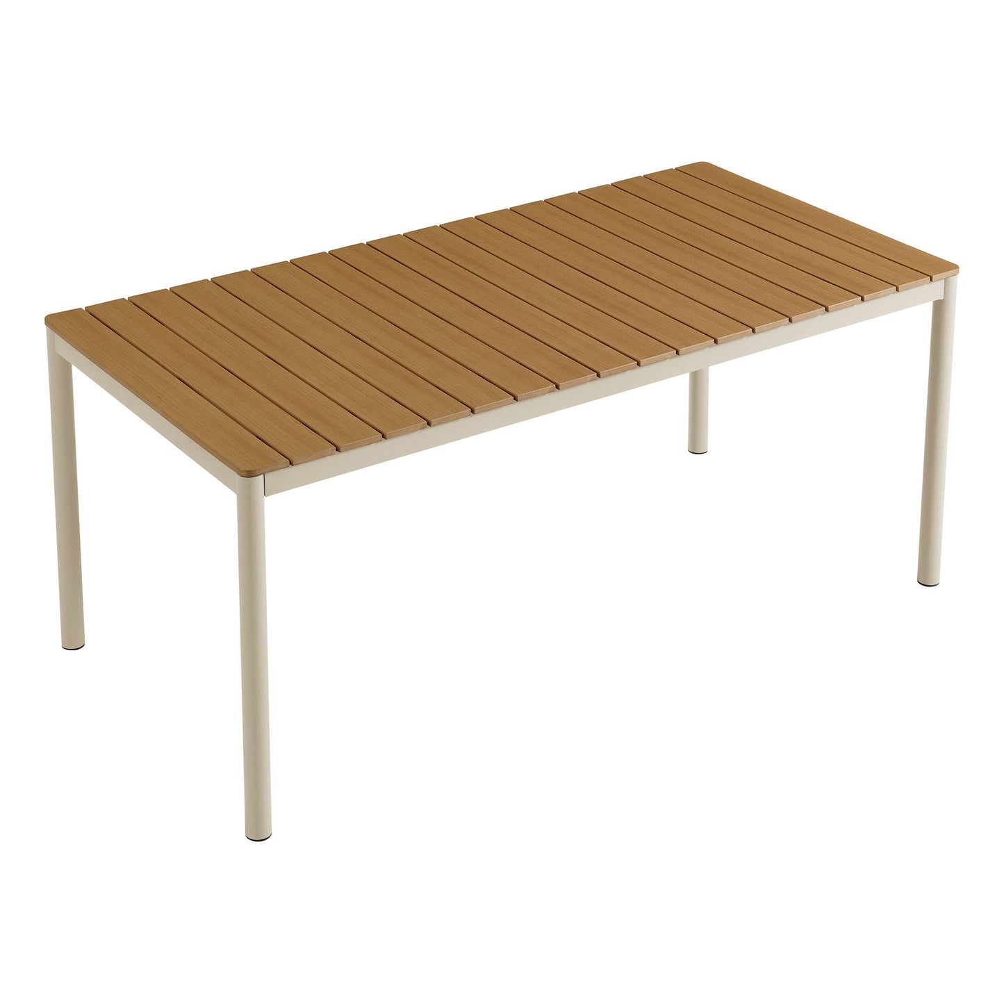 Finn 71in outdoor patio aluminum dining table with faux wood top beige frame and slatted surface on Tampa Home & Garden Store