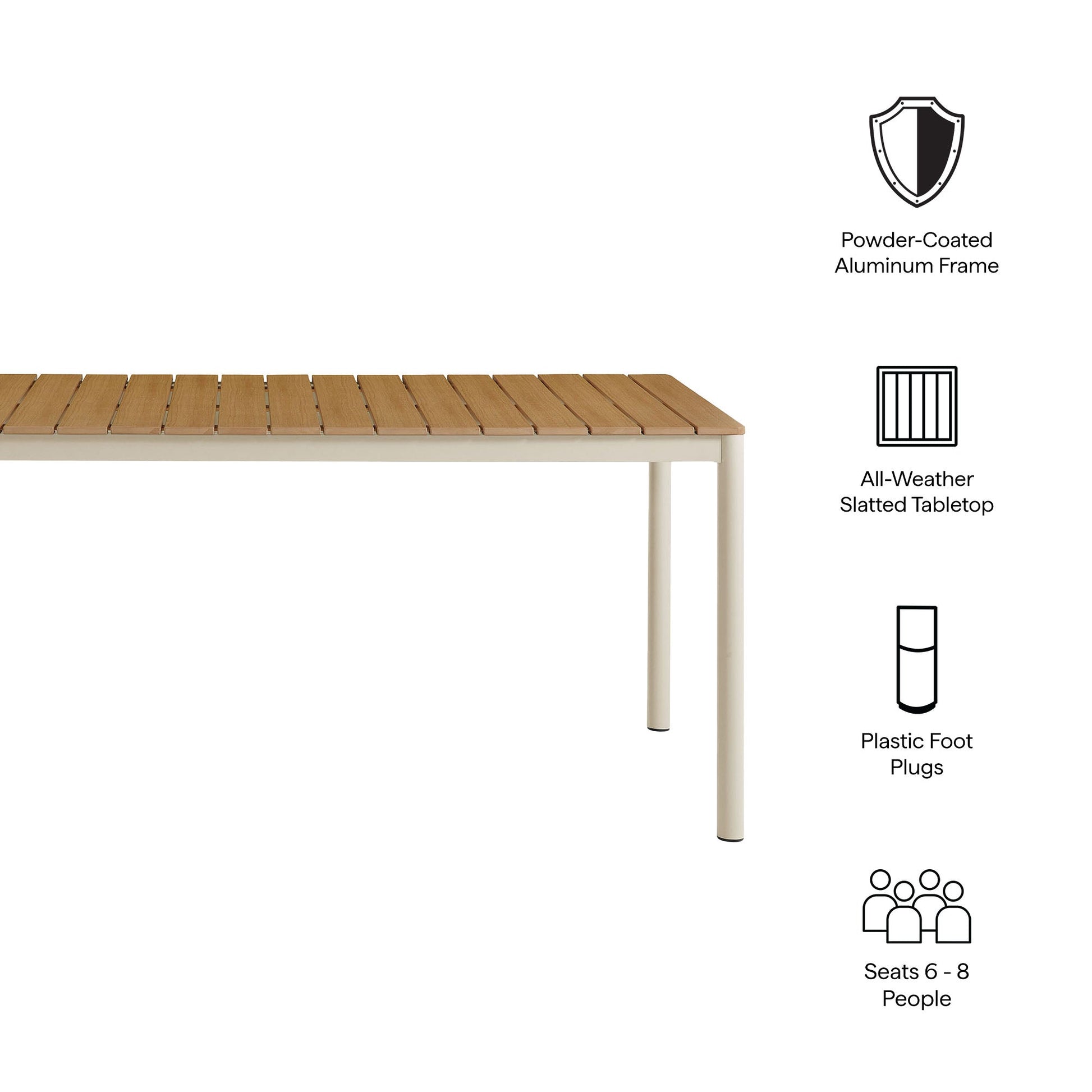 Finn 71in Outdoor Aluminum Dining Table with Faux Wood Top HouseOfZazla powder-coated frame on Tampa Home & Garden Store