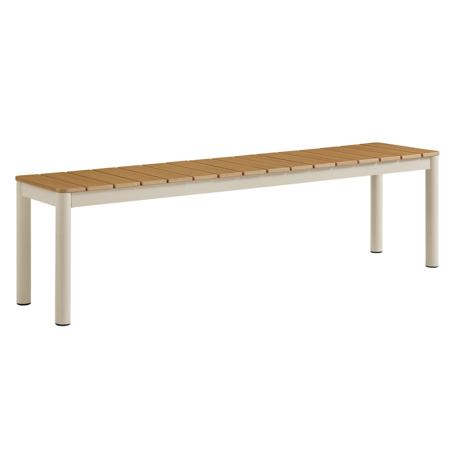 Finn outdoor aluminum bench with light wooden slats and cream frame on Tampa Home & Garden Store