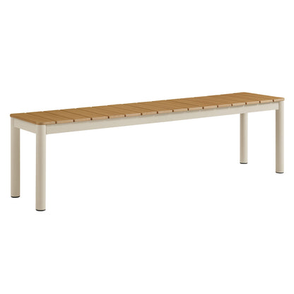 Finn outdoor aluminum bench with light wooden slats and cream frame on Tampa Home & Garden Store