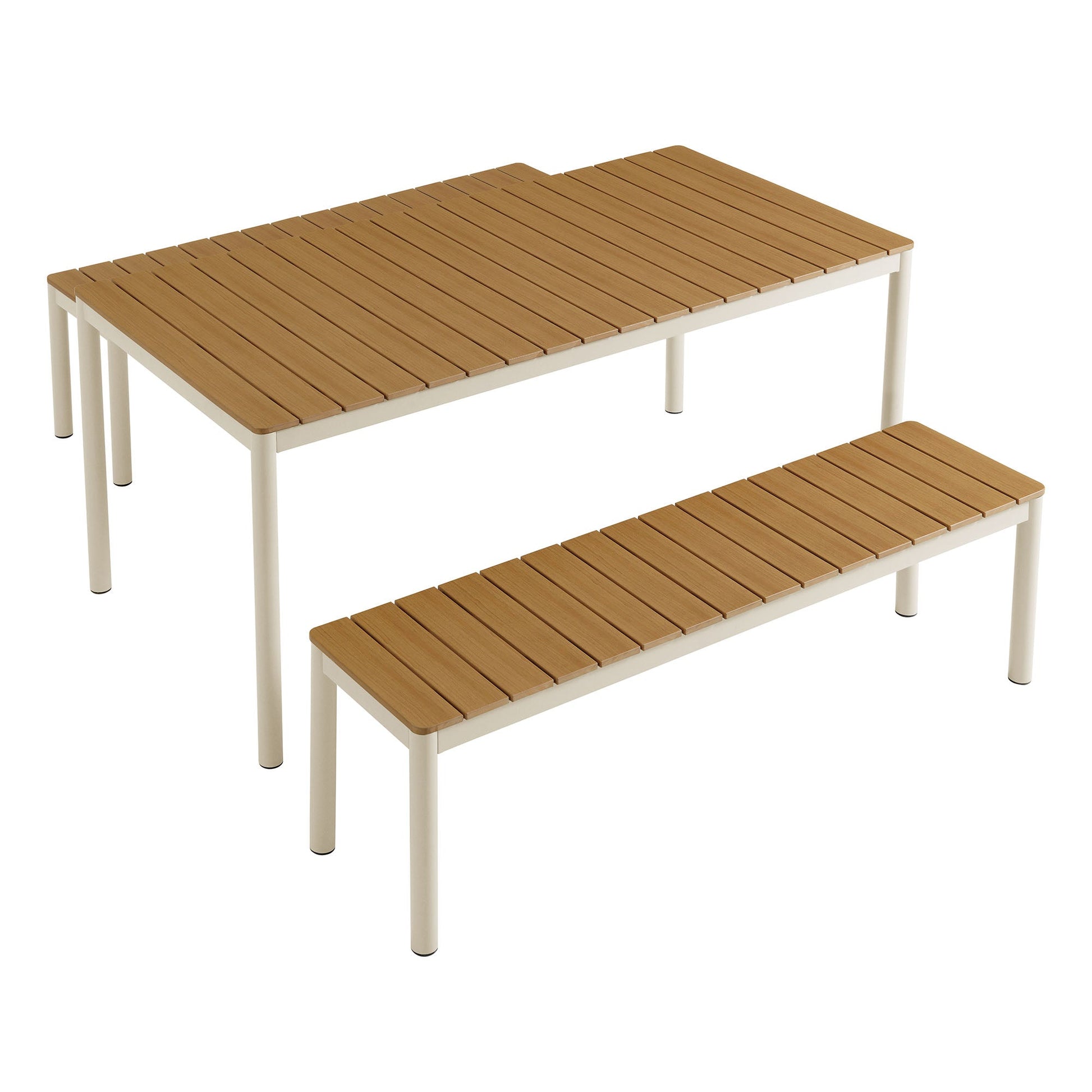 Finn outdoor dining set with faux wood slats and beige aluminum frame; 3-piece display on Tampa Home & Garden Store