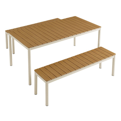 Finn outdoor dining set with faux wood slats and beige aluminum frame; 3-piece display on Tampa Home & Garden Store