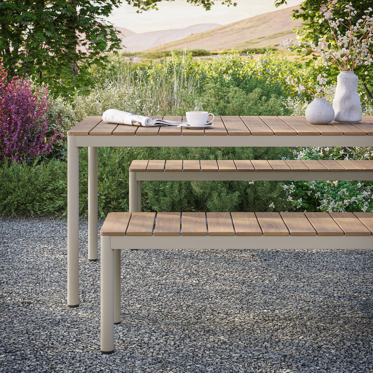 Finn Outdoor Patio Aluminum Faux Wood Dining Set with Benches beige frame woodlook slats on Tampa Home & Garden Store
