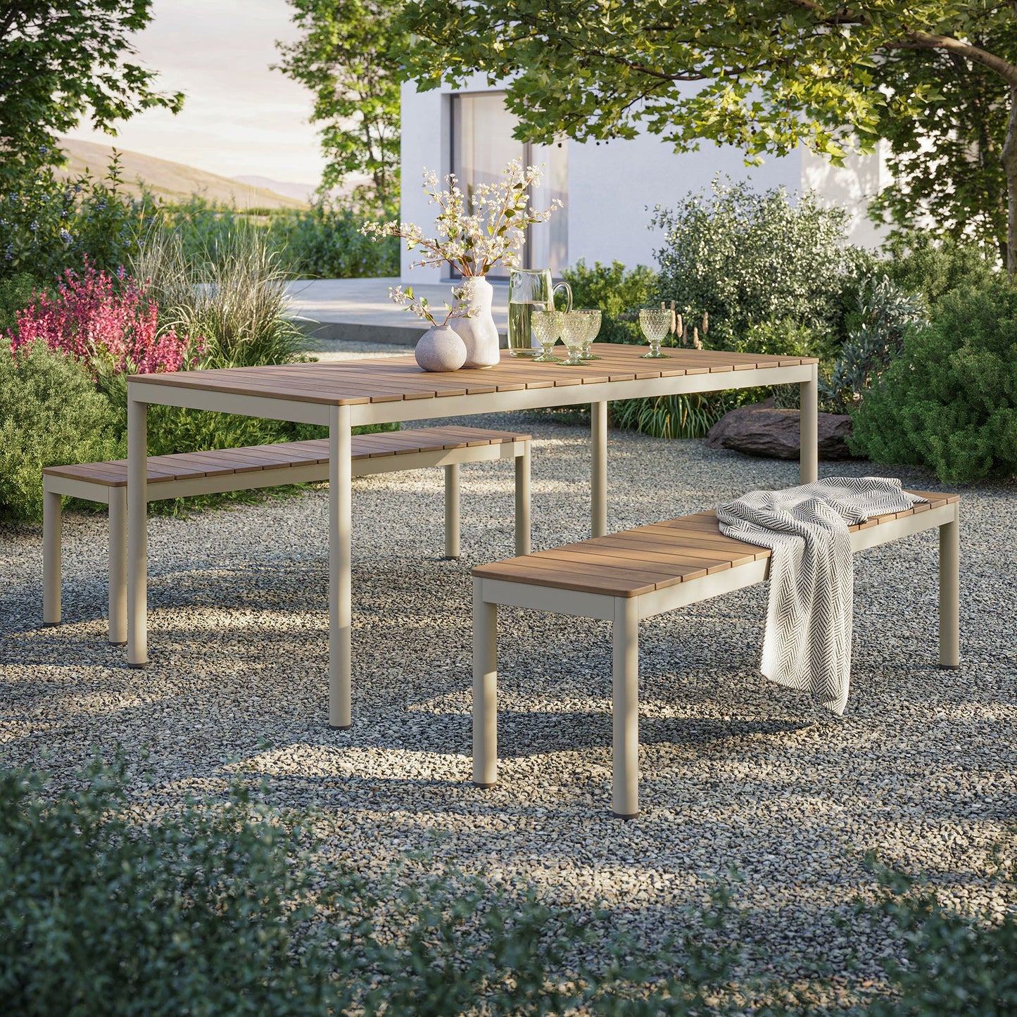 Finn outdoor patio dining set with benches, aluminum frame and faux wood tabletop in beige on Tampa Home & Garden Store