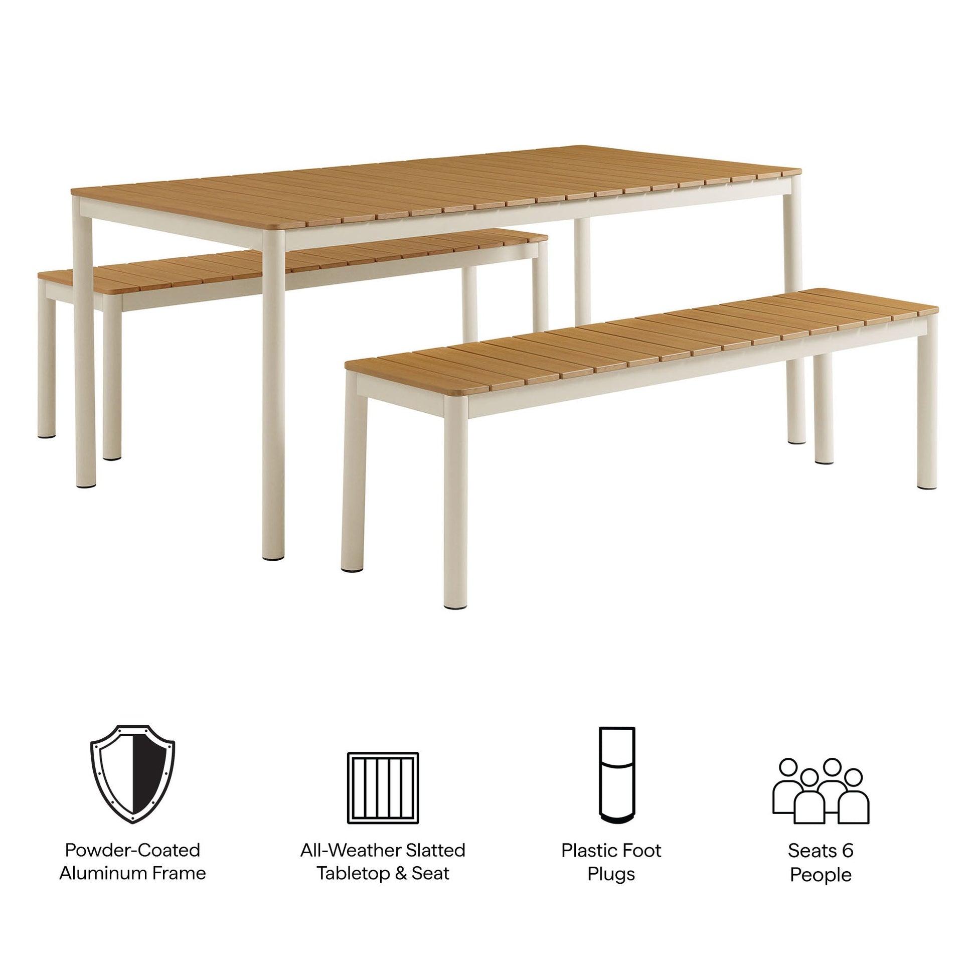 Finn Outdoor Patio aluminum faux-wood dining table with two benches; slatted top, beige frame on Tampa Home & Garden Store