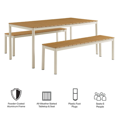 Finn Outdoor Patio aluminum faux-wood dining table with two benches; slatted top, beige frame on Tampa Home & Garden Store