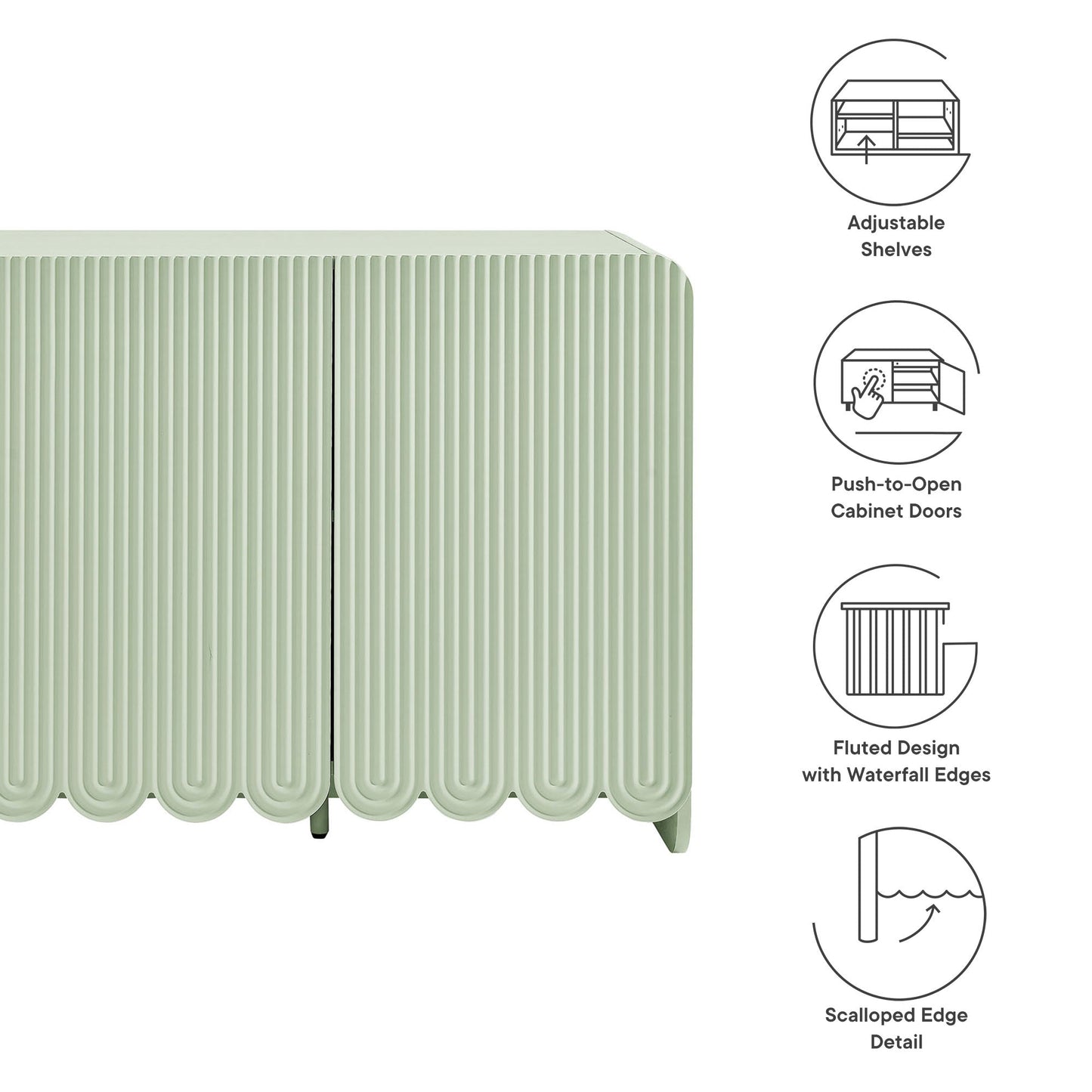 Dahlia Fluted and Scalloped Sideboard Storage Cabinet in sage green with vertical fluted panels on Tampa Home & Garden Store