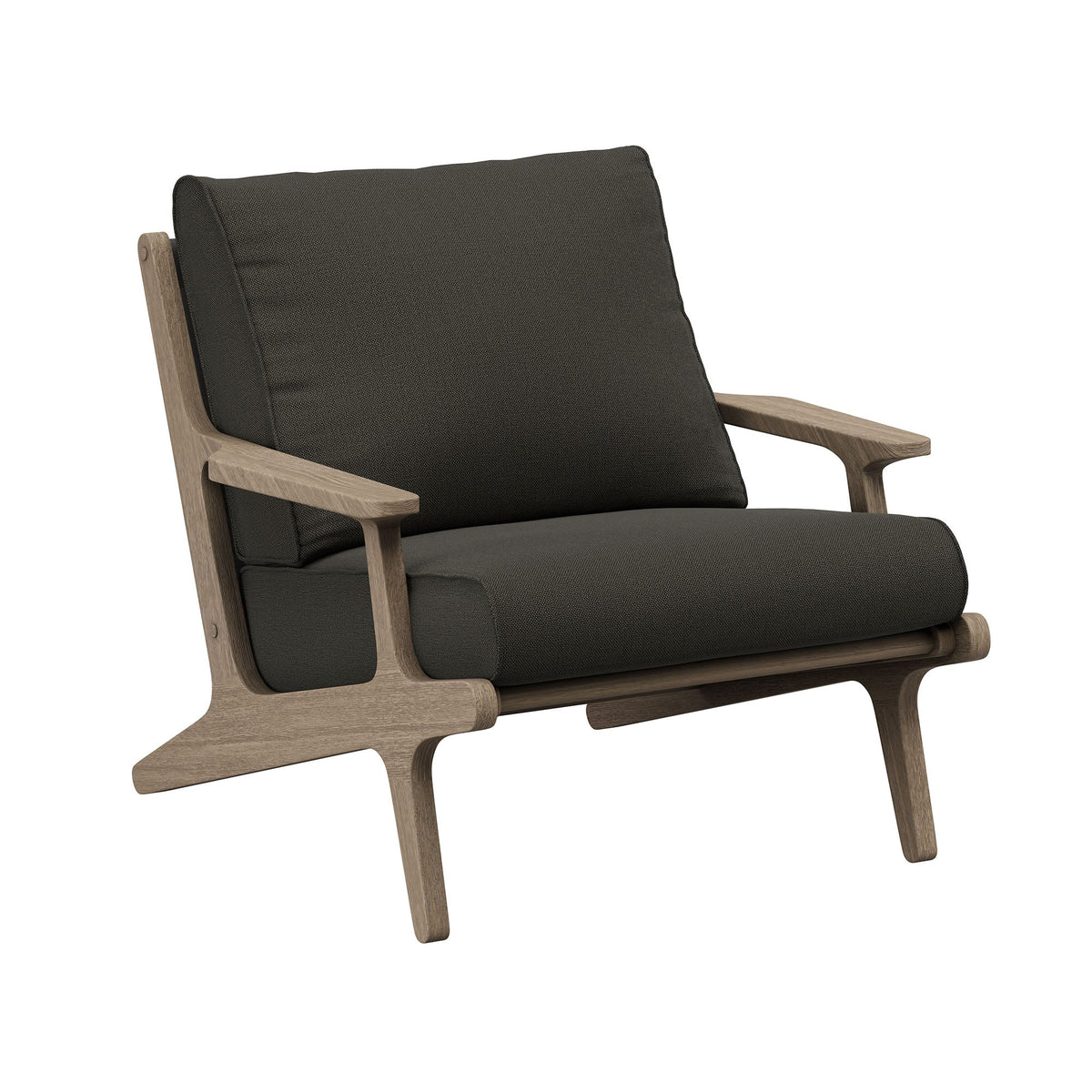 Saratoga outdoor teak wood chair and ottoman set with dark charcoal cushions and wood armrests on Tampa Home & Garden Store