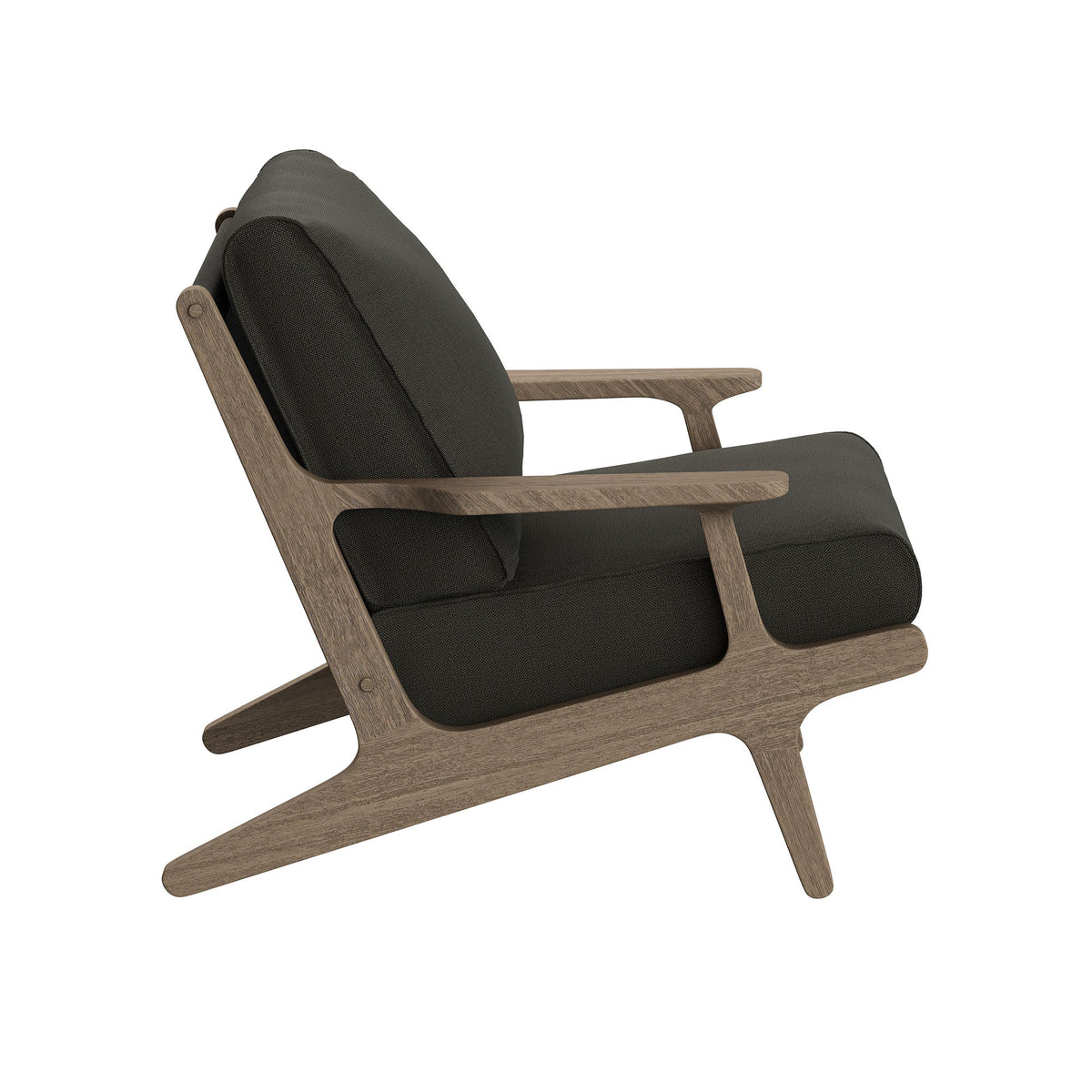 Saratoga outdoor teak wood chair and ottoman set with dark cushions in a natural wood frame on Tampa Home & Garden Store