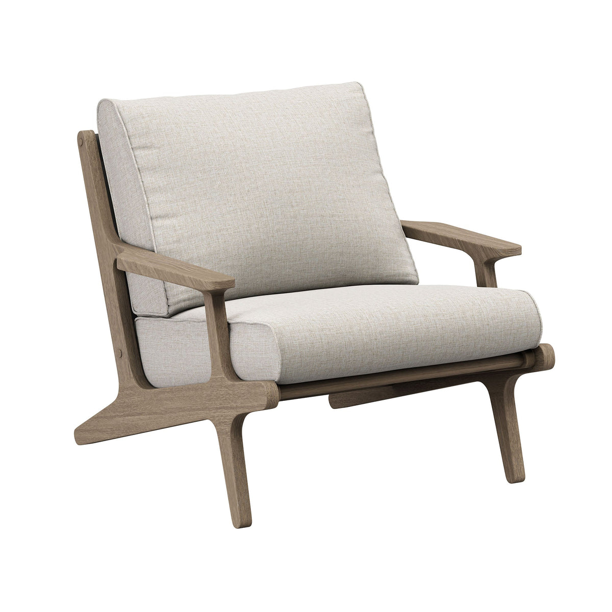 Saratoga outdoor teak wood chair and ottoman set with beige cushions on a solid teak frame on Tampa Home & Garden Store