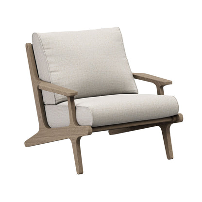 Saratoga outdoor teak wood chair and ottoman set with beige cushions on a solid teak frame on Tampa Home & Garden Store