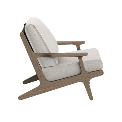 Saratoga Outdoor Teak Wood Chair and Ottoman 2-piece Set with beige cushions and wood frame on Tampa Home & Garden Store