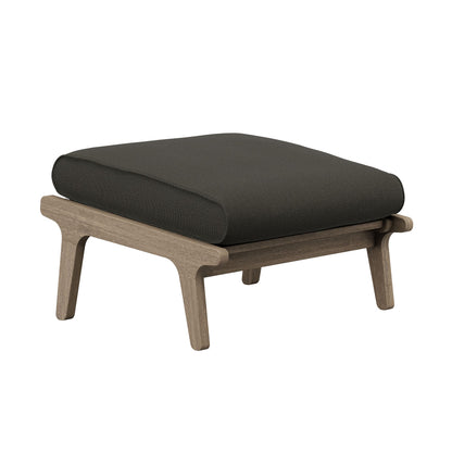 Saratoga outdoor teak wood ottoman with dark fabric cushion and natural wood frame on Tampa Home & Garden Store