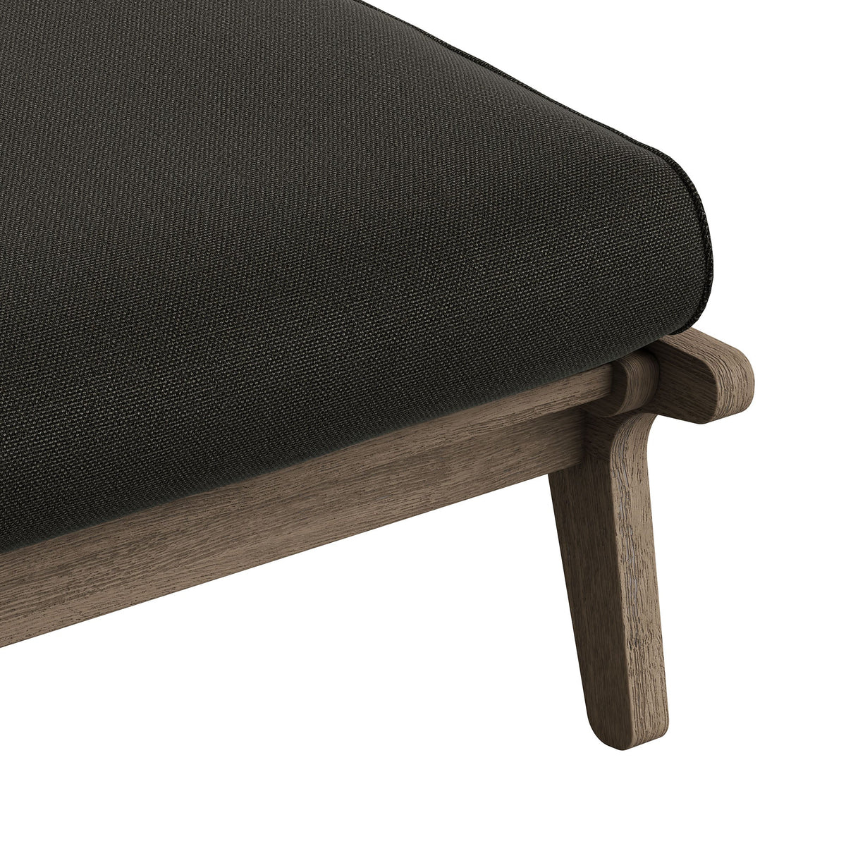 Saratoga outdoor teak wood chair and ottoman set with dark charcoal woven cushion, close-up of teak arm and base on Tampa Home & Garden Store