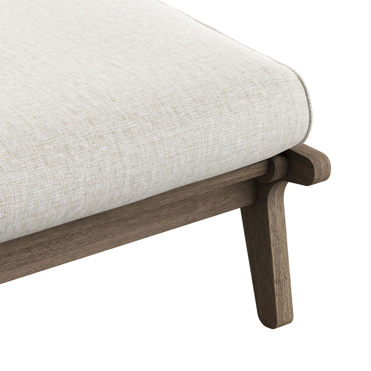 Saratoga outdoor teak wood chair and ottoman in beige woven fabric with a solid wood frame on Tampa Home & Garden Store
