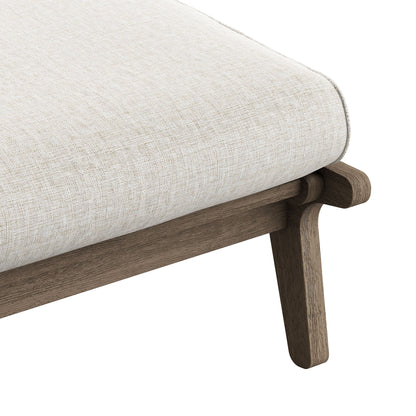 Saratoga outdoor teak wood chair and ottoman in beige woven fabric with a solid wood frame on Tampa Home & Garden Store