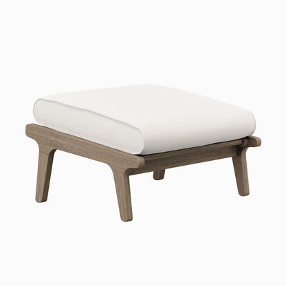 Saratoga outdoor teak chair and ottoman with white cushions; teak wood frame on Tampa Home & Garden Store