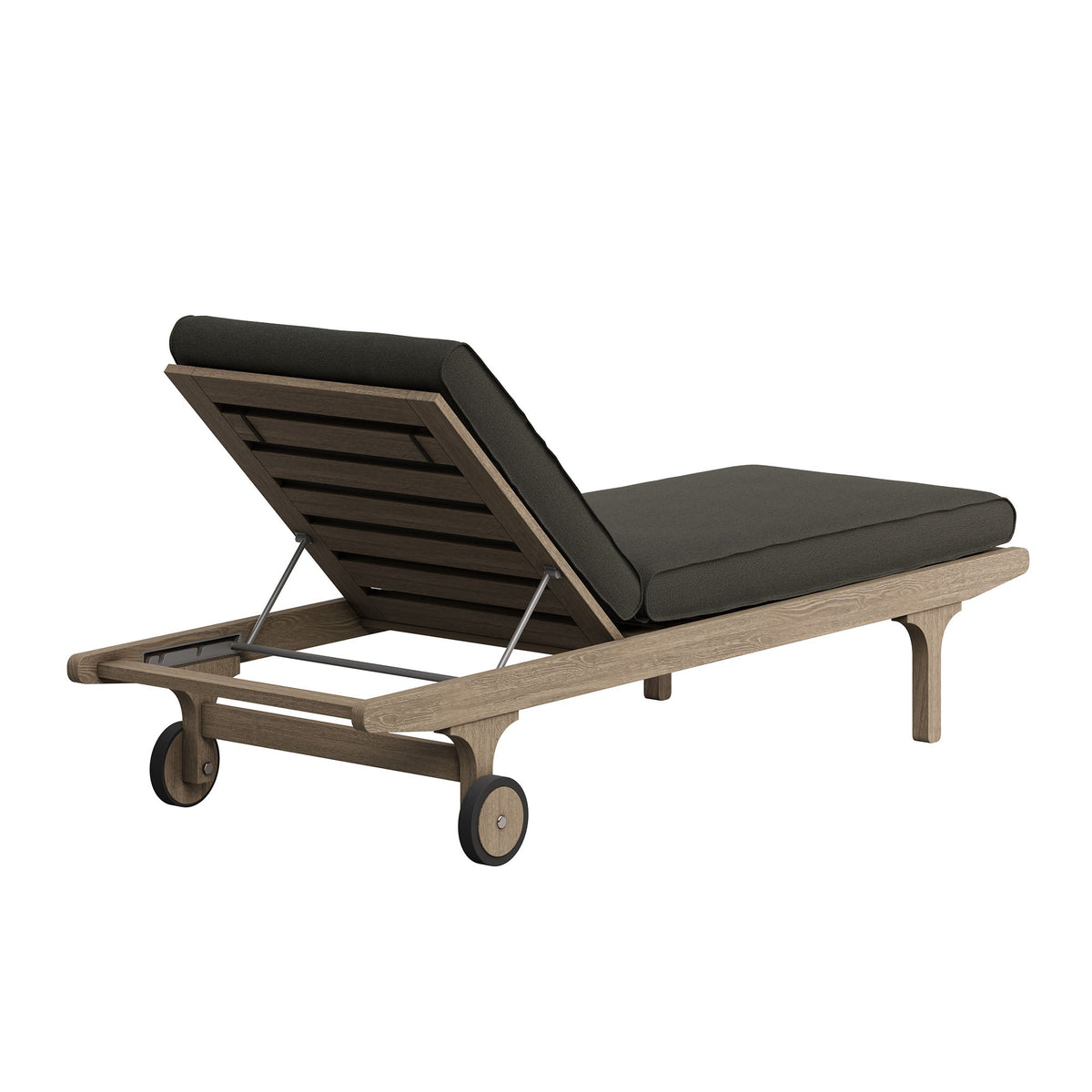 Saratoga Outdoor Patio Teak Chaise Lounge Chair with dark cushion on a wheeled teak frame on Tampa Home & Garden Store