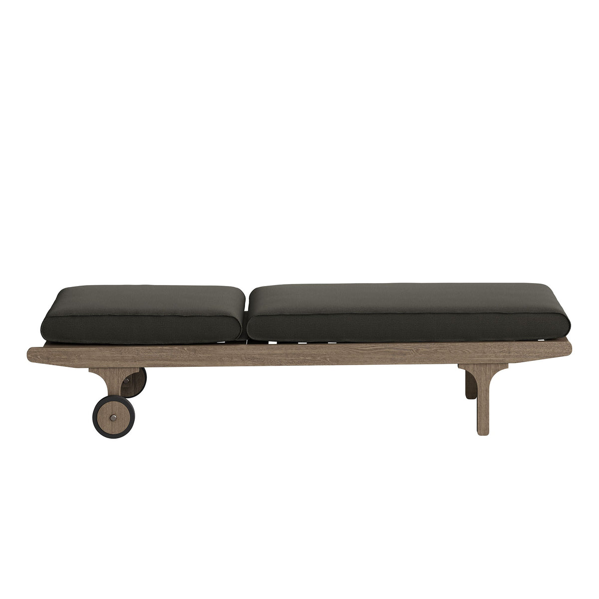 Saratoga outdoor teak chaise lounge with charcoal cushions on a wheeled wooden base on Tampa Home & Garden Store