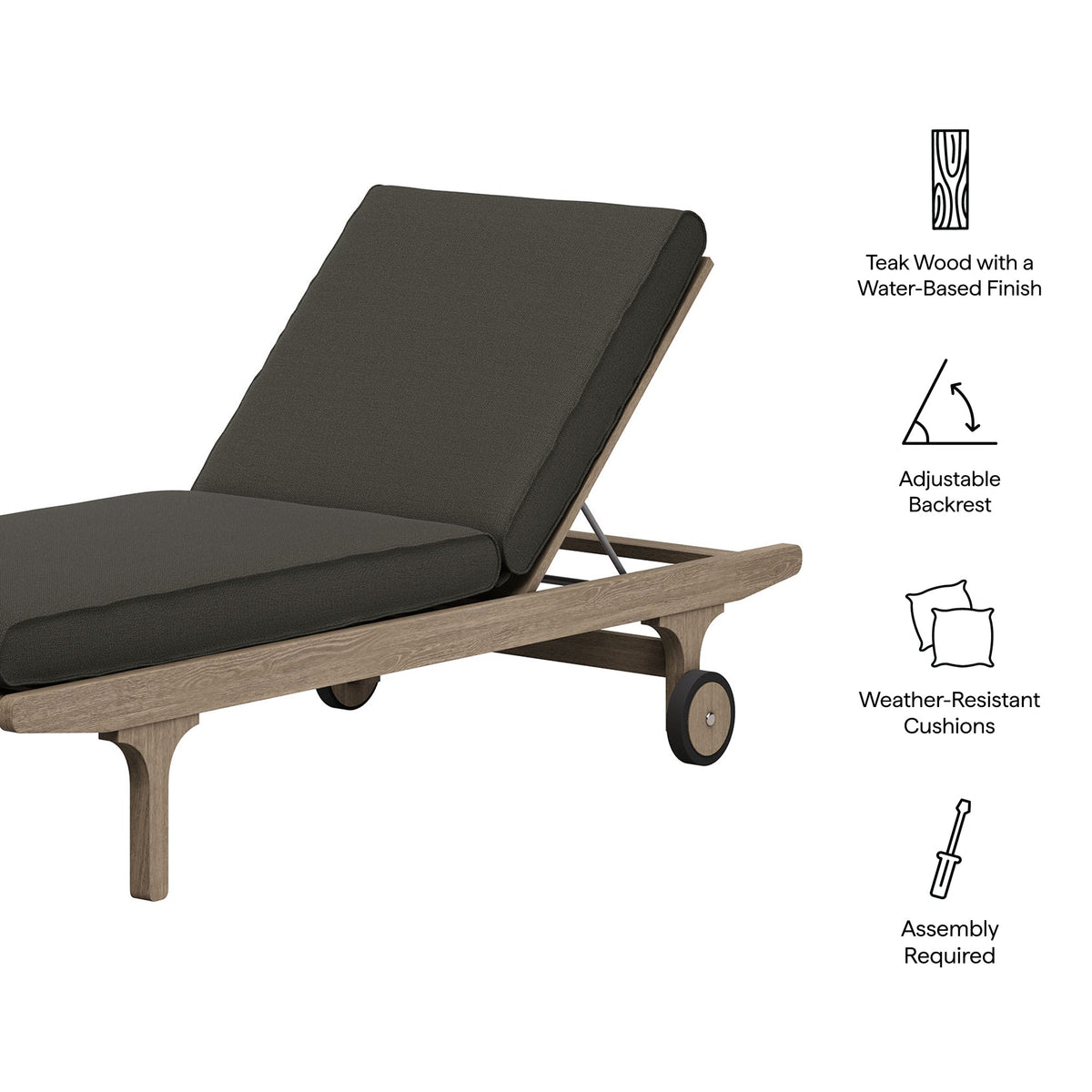 Saratoga Outdoor Teak Chaise Lounge Chair Modway with dark cushions and teak wood frame on Tampa Home & Garden Store