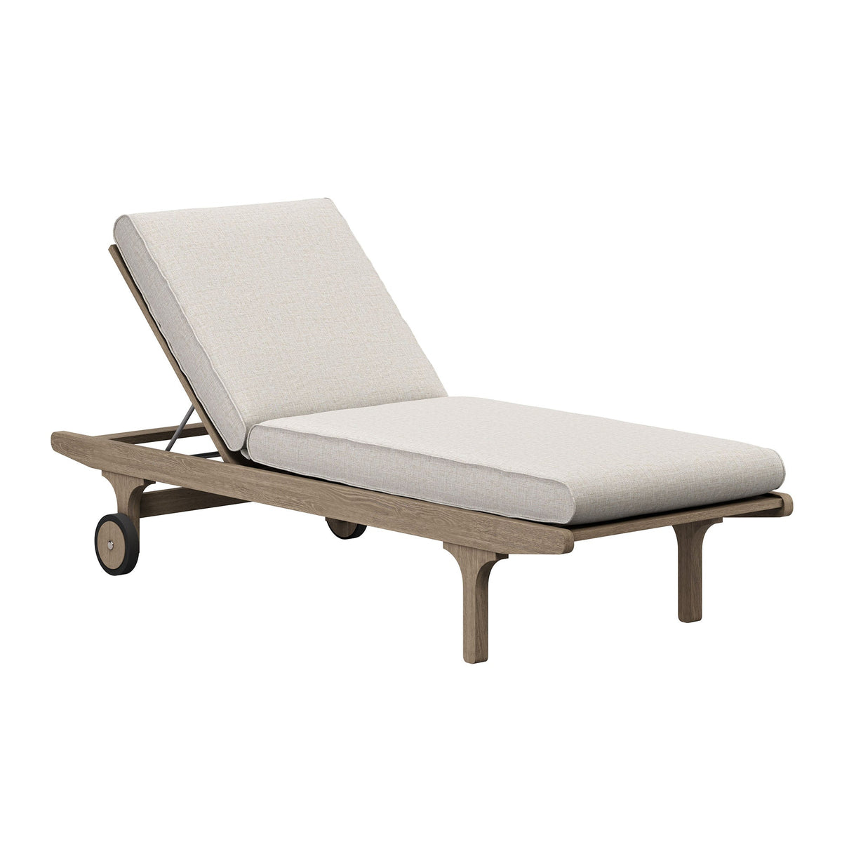 Chaise lounge with teak wood frame and beige outdoor cushion on Tampa Home & Garden Store