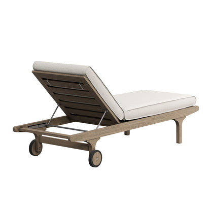 Saratoga outdoor teak chaise lounge with beige cushion and slatted teak frame on Tampa Home & Garden Store