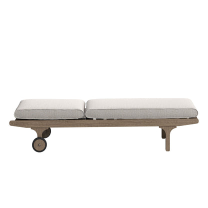Saratoga outdoor teak chaise lounge chair with beige cushions and teak frame on Tampa Home & Garden Store