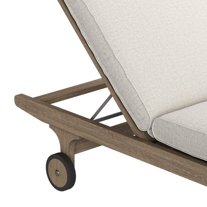 Saratoga outdoor teak chaise lounge chair with beige cushion and wood frame on wheels on Tampa Home & Garden Store