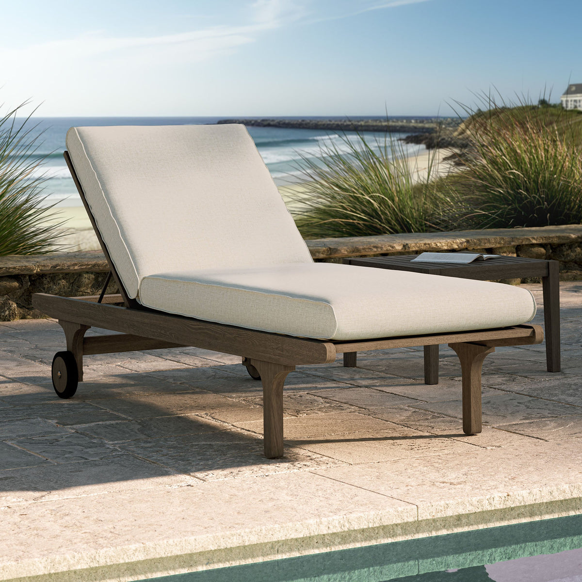 Saratoga teak chaise lounge chair by Modway with beige cushion on seaside patio on Tampa Home & Garden Store