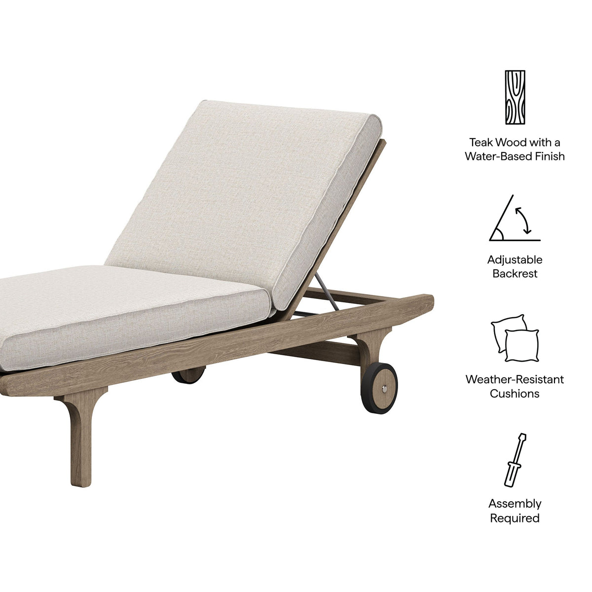 Saratoga Outdoor Teak Chaise Lounge by Modway, teak frame, beige cushions, adjustable backrest on Tampa Home & Garden Store