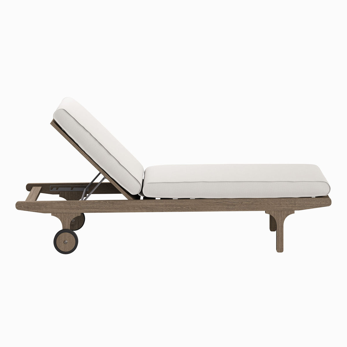 Saratoga Outdoor Patio Teak Chaise Lounge Chair with white cushions and wood frame on wheels on Tampa Home & Garden Store