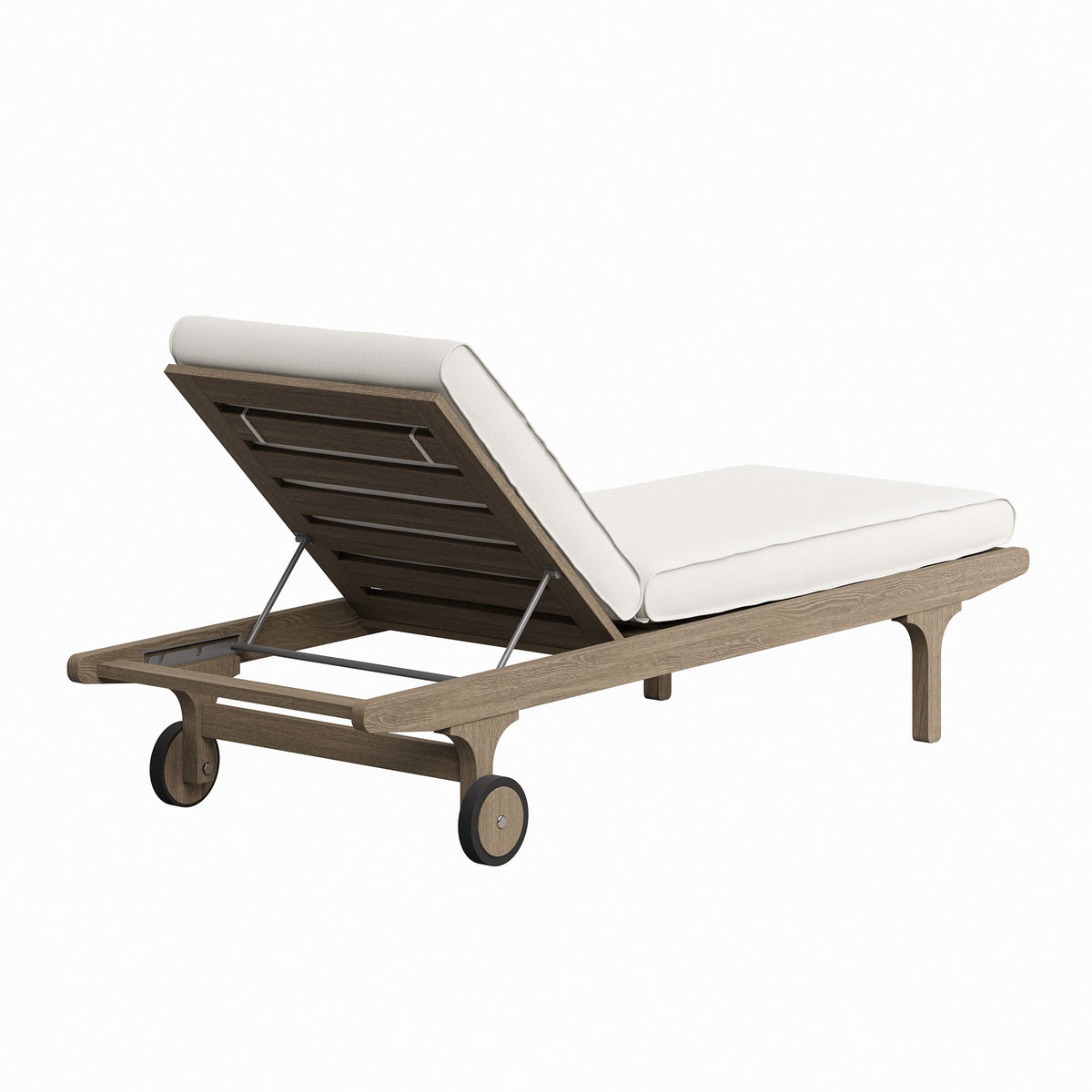 Saratoga outdoor teak chaise lounge chair with beige cushion, adjustable back and wheels on Tampa Home & Garden Store