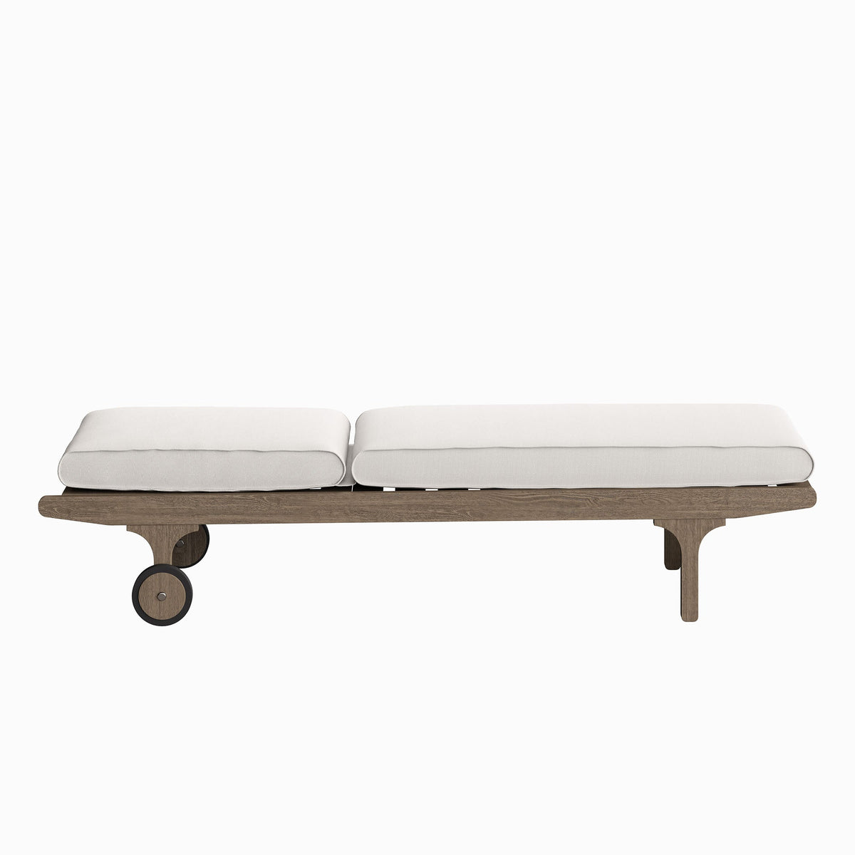 Saratoga outdoor teak chaise lounge chair with white cushions and wooden base on Tampa Home & Garden Store