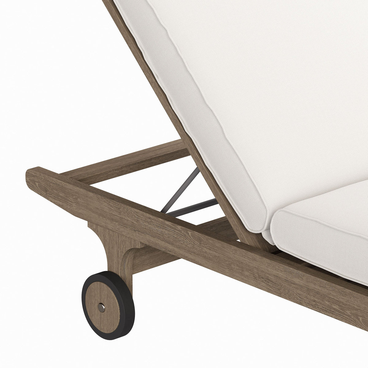 Teak Saratoga chaise lounge with cream cushion and frame on wheels on Tampa Home & Garden Store