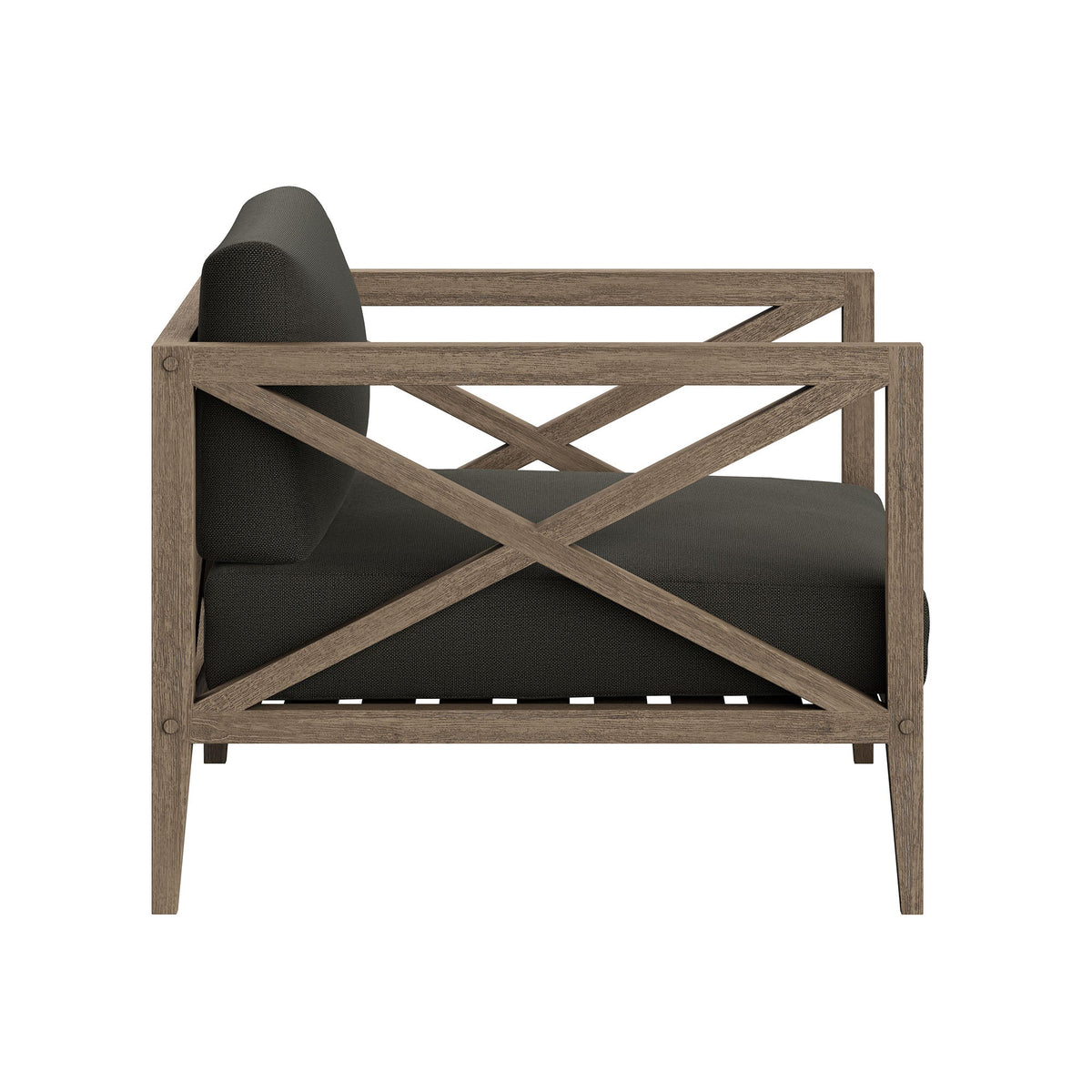 Northlake outdoor teak armchair with dark cushion and lattice crisscross back on Tampa Home & Garden Store