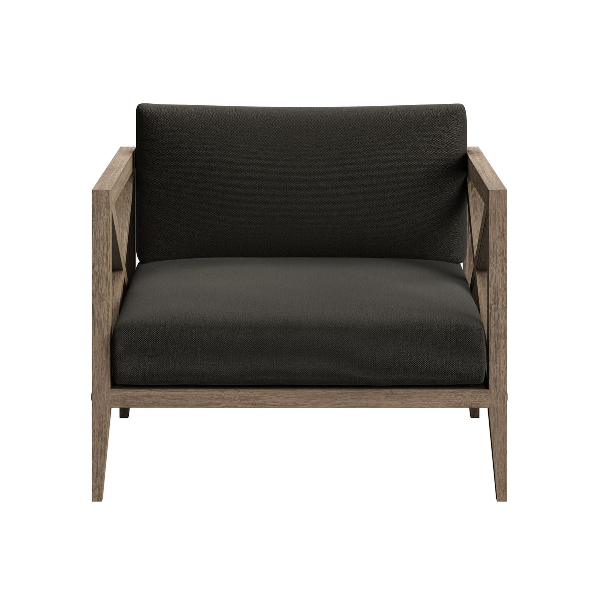Northlake outdoor teak armchair with dark fabric cushions and natural wood frame on Tampa Home & Garden Store